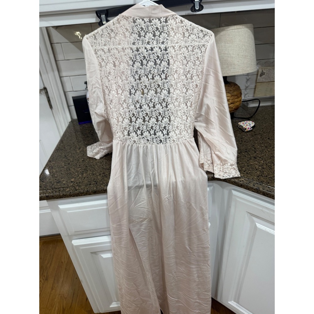 Vintage Style Champagne Pink Satin  Lace Long Robe Wrap Belted Lingerie unsized - Picture 4 of 6